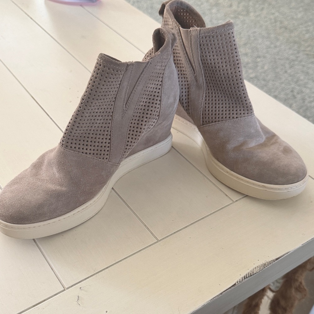 Sofft Taupe Suede Perforated Wedge Sneakers
